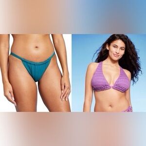 Shade & Shore Womens Crochet Top & Teal Blue Tunneled Ultra High Leg Bottom - M